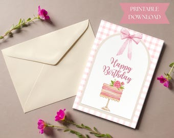 Printable 5x7 Birthday Card l Girly Birthday Card | Digital Download | Digital Card | Pink | Bows | Girl Birthday Card | Girly | Cake