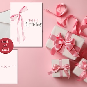 Printable 5x7 Birthday Card l Birthday Card | Digital Download| Girly Birthday Card| Pink Bow| Happy Birthday| Girls Birthday Card