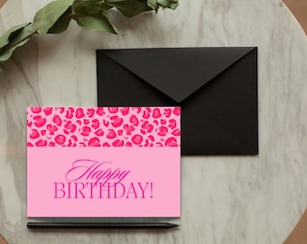 Printable 7x5 Happy Birthday Card | pink leopard Birthday Card Print |  Birthday Card Digital | Printable Birthday Cards |