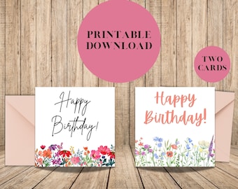 May include: Printable download of two blank greeting cards with a floral border and the text "Happy Birthday!" in black and coral.