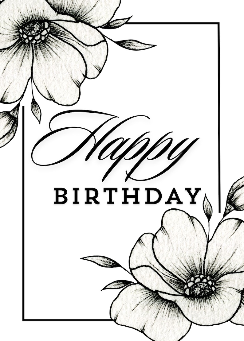 Printable 5x7 Happy Birthday Card Black and White Birthday Card ...