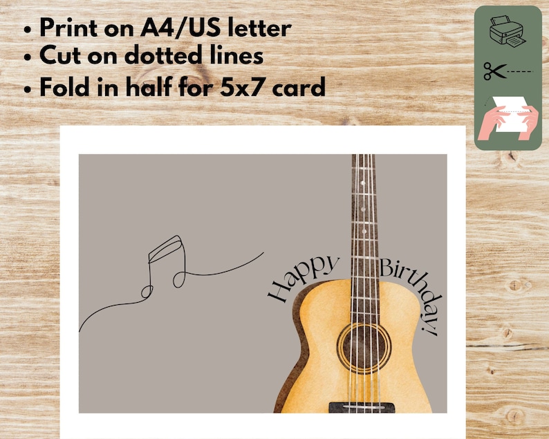 Printable 5x7 Happy Birthday Card |guitar Birthday Card Printable ...