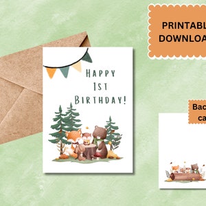 Carte d'anniversaire imprimable 5 x 7 l | Carte 1er anniversaire | Téléchargement numérique | Carte numérique| 1er anniversaire de bébé | Animaux de la forêt | Anniversaire