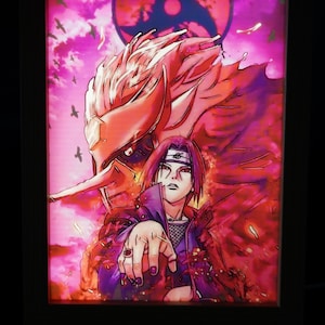 May include: A framed illustration of a character from the anime Naruto. The character is wearing a red and black outfit and has a red headband. The background is a pink and purple sky with a black symbol in the upper center.