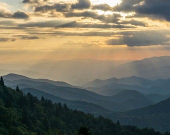May include: A panoramic view of a mountain range at sunset. The sun is setting behind the mountains, casting a golden glow over the landscape. The mountains are covered in trees and are layered in the distance.