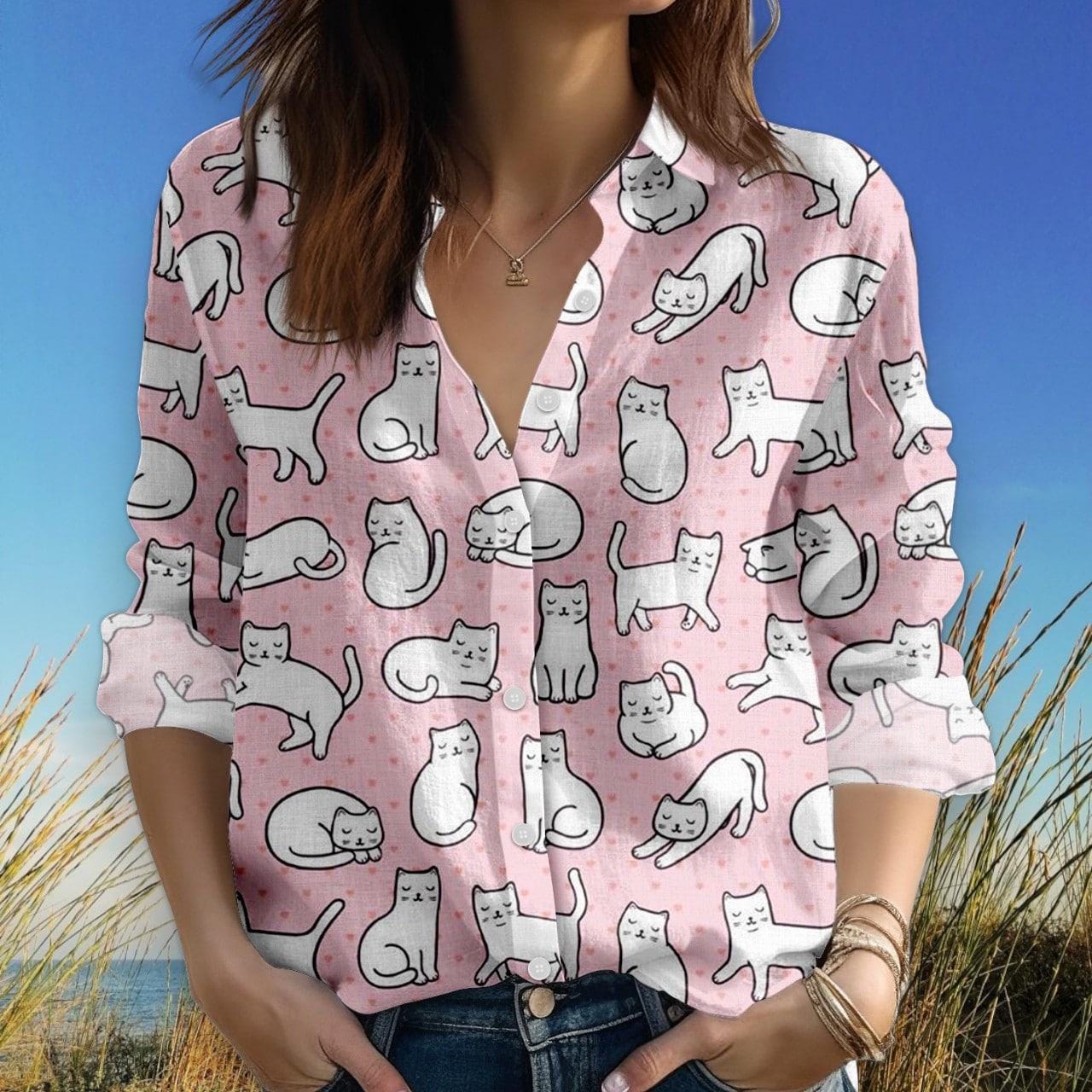 Discover Pink Cat Print Blouse, Linen Look Button Up Shirt, Kawaii Kitty Casual Top