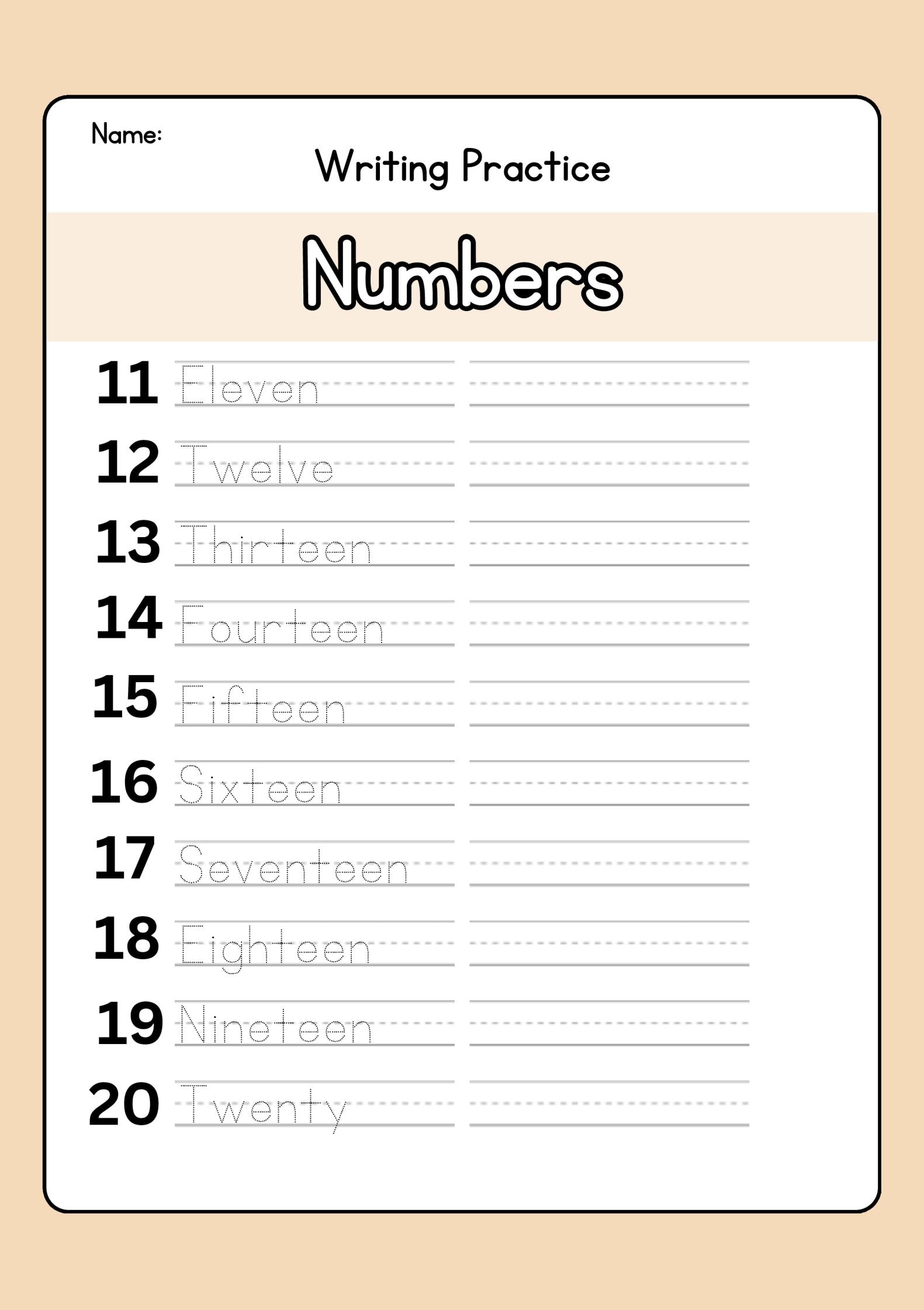 Number Spelling Practice Sheets - Learn to Spell Numbers 1-20, Kids ...