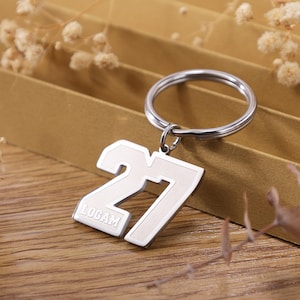 May include: Silver keyring with a white number 27 and the word "LOGAN" engraved on it.