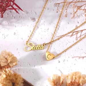 Custom Double Chain Necklace-Personalized Heart Letter Necklace-Handmade Gold Layered Jewelry-Gold Stacked Chains Gift-Heart Charm for Women