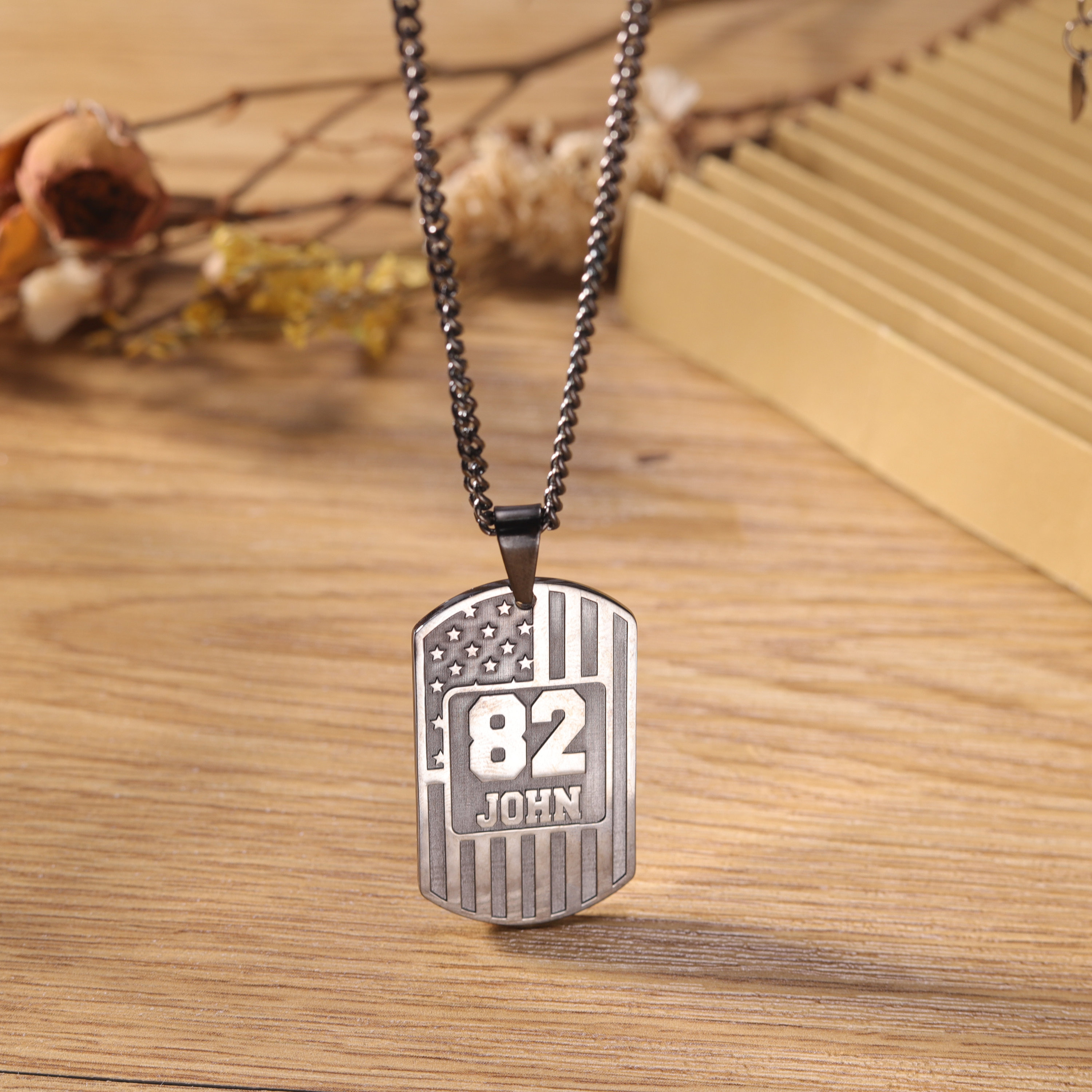 American Flag Necklace With Name Personalized, Custom Army ID Tag With Engraved Names, Customized Dog Tag Necklace With Number For Boyfriend