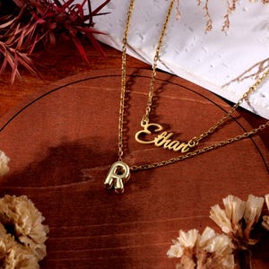 Custom Double Layer Name Necklace–Personalized Bubble Initial Pendant-Gold Layered Necklace- Handmade Necklace for Mom-Trendy Gift for Her