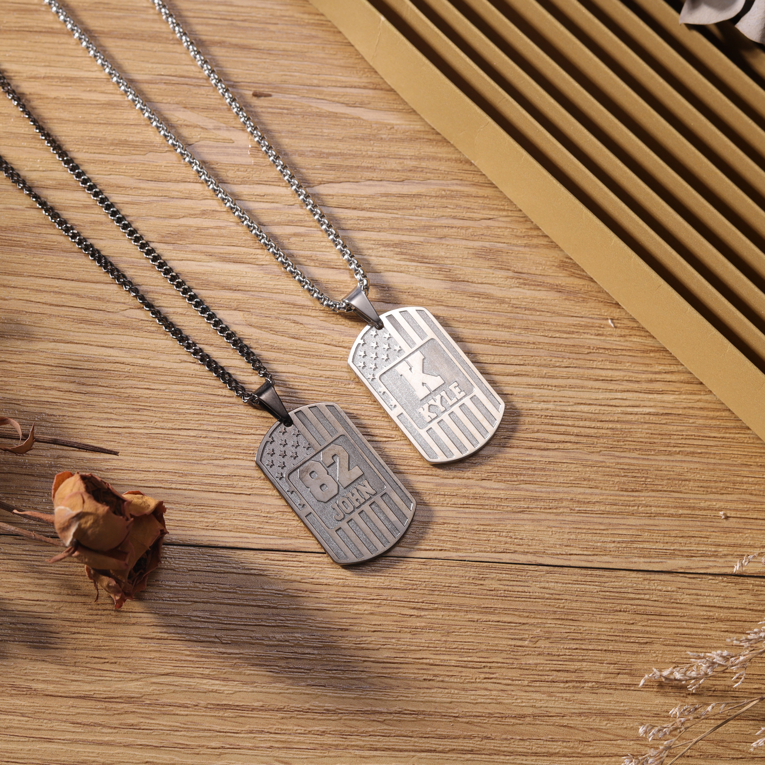 American Flag Necklace With Name Personalized, Custom Army ID Tag With Engraved Names, Customized Dog Tag Necklace With Number For Boyfriend
