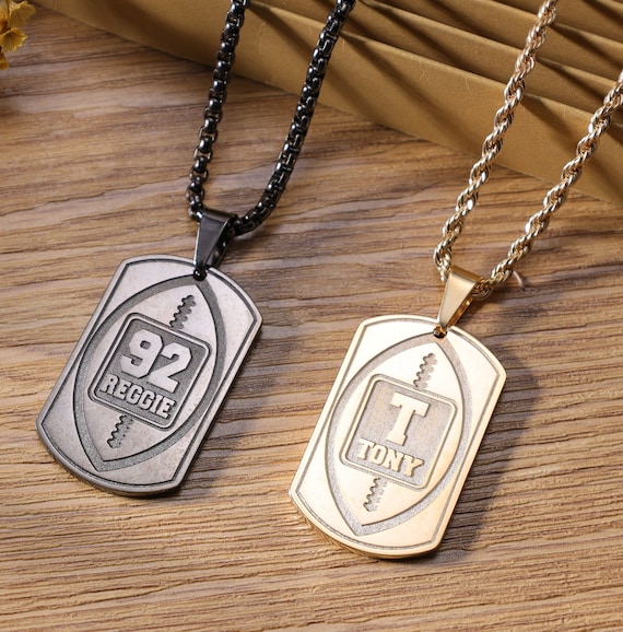 Custom Football Necklace, Personalized Rugby Necklace With Curb Chain, Customized Name Tag Necklace With Jersey Number Jewelry Gift For Men