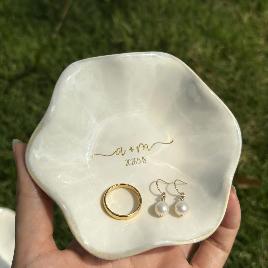 Engraved Ceramic Jewelry Dish-Custom Initials Ring Ceramic Tray-Personalized Earrings Holder with Name-Bridesmaid Gift-Wedding Gift for Her - Style 1, White