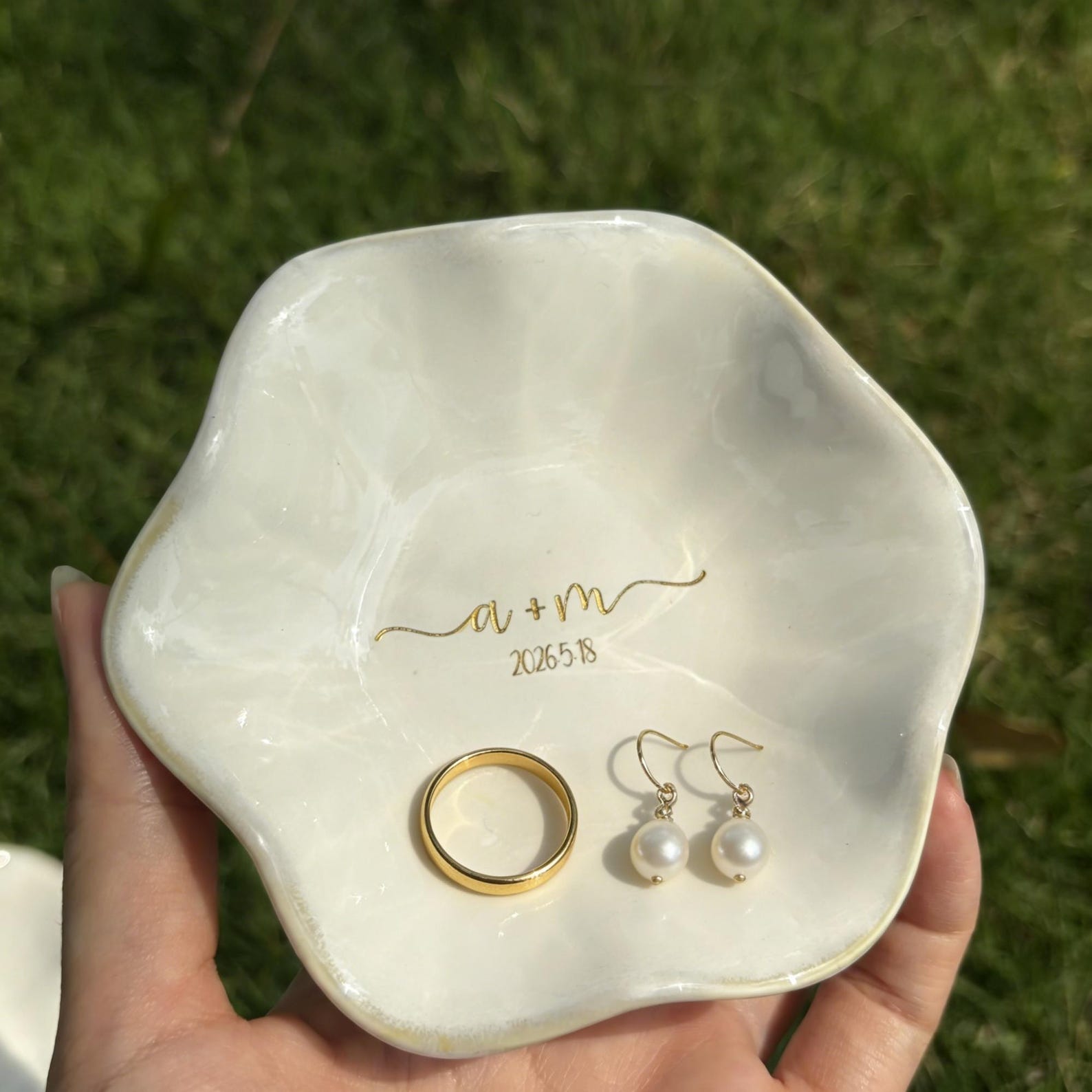 Engraved Ceramic Jewelry Dish-Custom Initials Ring Ceramic Tray-Personalized Earrings Holder with Name-Bridesmaid Gift-Wedding Gift for Her - Style 1, Green