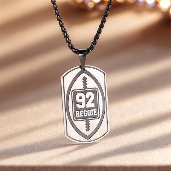 Custom Football Jersey Number Necklace, Personalized 3D Engraved Dog Tag Necklace With Name, Customized Name Tag Pendant Necklace For Men