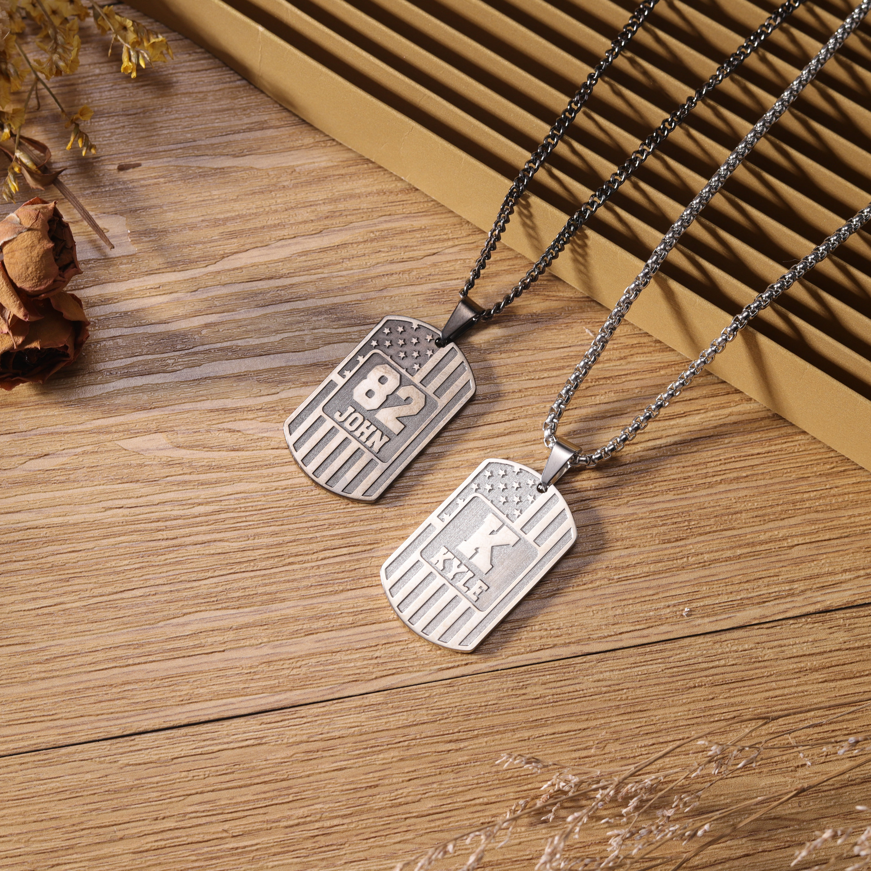 American Flag Necklace With Name Personalized, Custom Army ID Tag With Engraved Names, Customized Dog Tag Necklace With Number For Boyfriend
