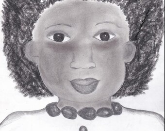 Impresión de cabello natural, arte hecho a mano, dibujo a carboncillo, retrato de grafito, impresión de arte de pared de niña para enmarcar, impresión de dibujo artístico de cabello negro, retrato