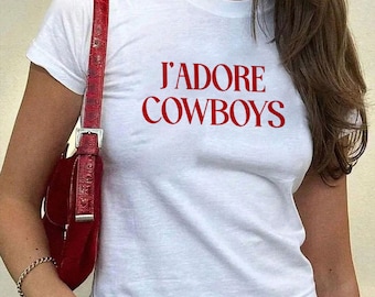 J&#39;Adore Cowboys Baby Tee | I Love Cowboys Shirt 00s Women&#39;s T-Shirt Y2K Retro Style Western Country Vintage Aesthetic Top I Heart Cowboys