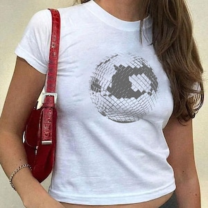 Disco Ball Baby Tee | Y2K Baby Tee | Vintage Women&#39;s Tee | Mirror Ball Tee |  2000s Clothing | Trendy Top | Retro Graphic Shirt | Coquette