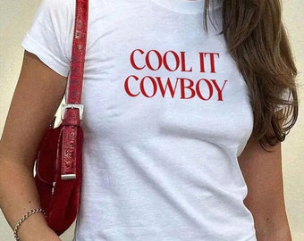 Cool It Cowboy Baby Tee | I Love Cowboys Top | 00s Women&#39;s T-Shirt | Y2K Retro Style | Aesthetic Top | I heart Cowboys