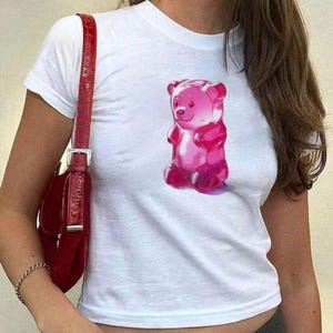Pink Gummy Bear Graphic Baby Tee | Sweet Gummy Jelly Bear Print Top Cute Bears Y2K Aesthetic Downtown Girl 90s Retro Summer Trendy Tshirt