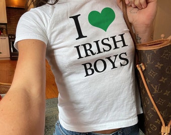 I Love Irish Boys Baby Tee | Y2K St Paddy Baby Tee, St Patricks Day Women's Fitted Tee, Y2K Clothing, Trendy Top, 90s Coquette Baby Tee