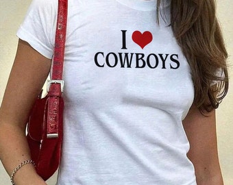I Love Cowboys Baby Tee | J&#39;Adore Cowboys Top | 00s Women&#39;s T-Shirt | Y2K Retro Style Gift For Her | Aesthetic Top | I heart Cowboys