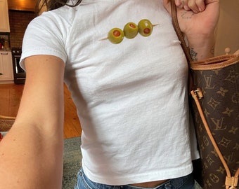 Martini Oliven Grafik-Baby-T-Shirt | Y2K Damen T-Shirt Vintage Top | Geschenk für sie