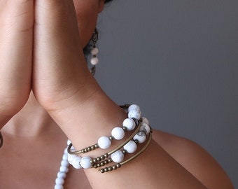 White Howlite Bracelet Spiral of Peace Gemstones on Memory Wire Coil