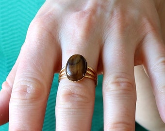 Tigers Eye Gold Ring, Adjustable Empowering Stone