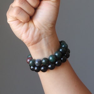 Set di bracciali in eliotropio verde e ossidiana arcobaleno nera, pietre di protezione del Guerriero della Luce