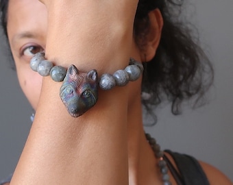 Labradorite Wolf Bracelet, Faceted Beaded Gemstone