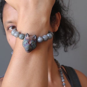 Labradorite Wolf Bracelet, Faceted Beaded Gemstone