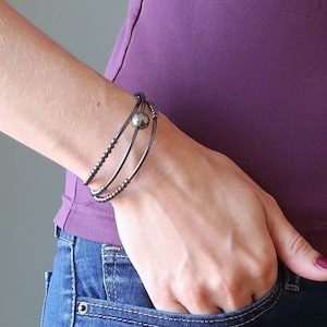 Pyrite Faceted Bracelet, 3-Layer Gunmetal Memory Wire, Protection Crystal