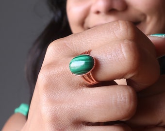 Anel de cobre malaquita, pedra de energia verde genuína, design oval ajustável