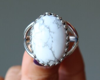 Howlite Ring Adjustable Sterling Silver White Gray Oval Gemstone