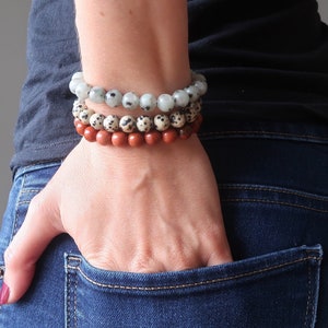 Colorful Jasper Bracelet Set Fun Style Gemstones in Red, Dalmation & Sesame
