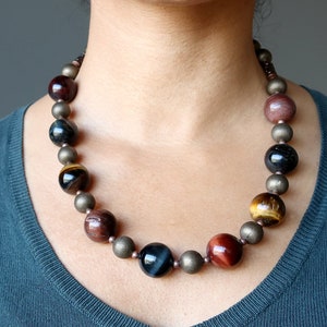 Tigers Eye Necklace, Chunky Red Blue Golden Gemstones