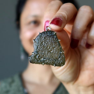 Moldavite Pendant, Big Alien Green Tektite Sterling Silver