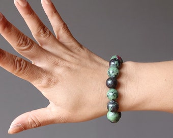 Pulsera de piedras preciosas de zoisita y rubí, curación con cristales, chakra del amor