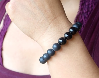 Black Onyx Bracelet Strong Protection Stone in Glossy and Matte Crystal Beads