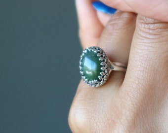 Green Jade Ring, Nephrite Green Oval, Adjustable Sterling Silver, Prosperity Stone