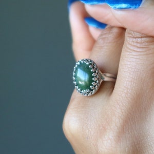 Green Jade Ring, Nephrite Green Oval, Adjustable Sterling Silver, Prosperity Stone