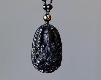 Black Obsidian Necklace Kwan Yin Goddess Protection Crystal