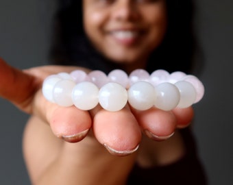 Moonstone Rose Quartz Bracelet, White Pink Lunar Love Gems