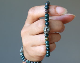 Bloodstone Pyrite Skull Bracelet with Stylish Edge