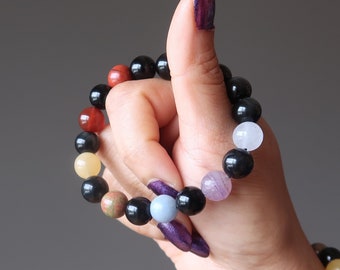 Chakra Bracelet Healing Beads in Black Rainbow Obsidian Protection Stone