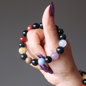 Chakra Bracelet Healing Beads in Black Rainbow Obsidian Protection Stone