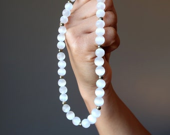 Selenite White Necklace Rare Round Gemstone Gold Beaded Handmade Jewelry